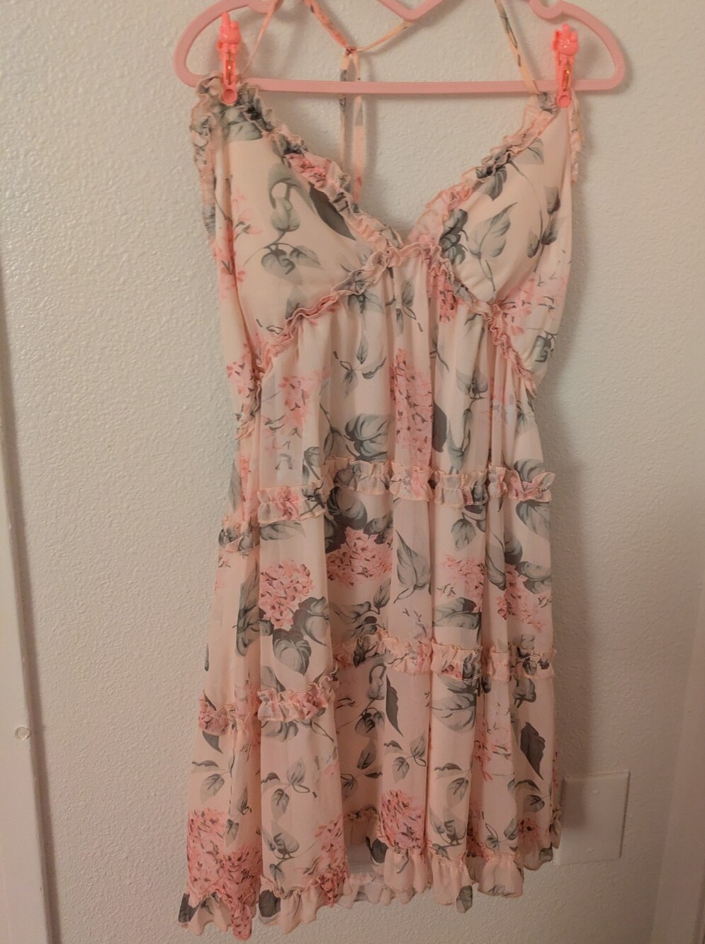 Shein Pink Floral Halter Babydoll Dress Ruffles Altered Size L Could Fit XL